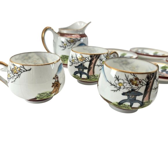 Antique Japanese Kutani Porcelain Tea Set Hand-Painted Geisha Floral Motif je105 - Picture 4 of 12
